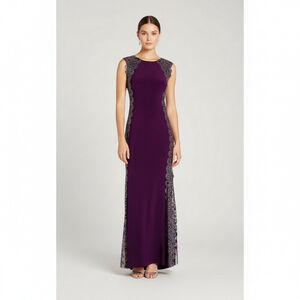 xscape Purple And Gold Crochet Lace Column Gown Formal Dress Sz 4